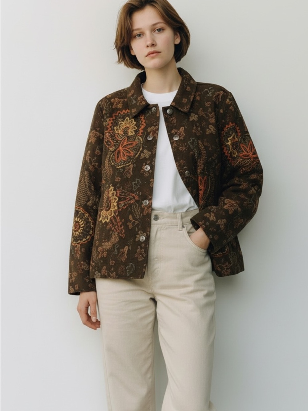 Coldwater Creek Vintage-style Brown Floral Print Jacket